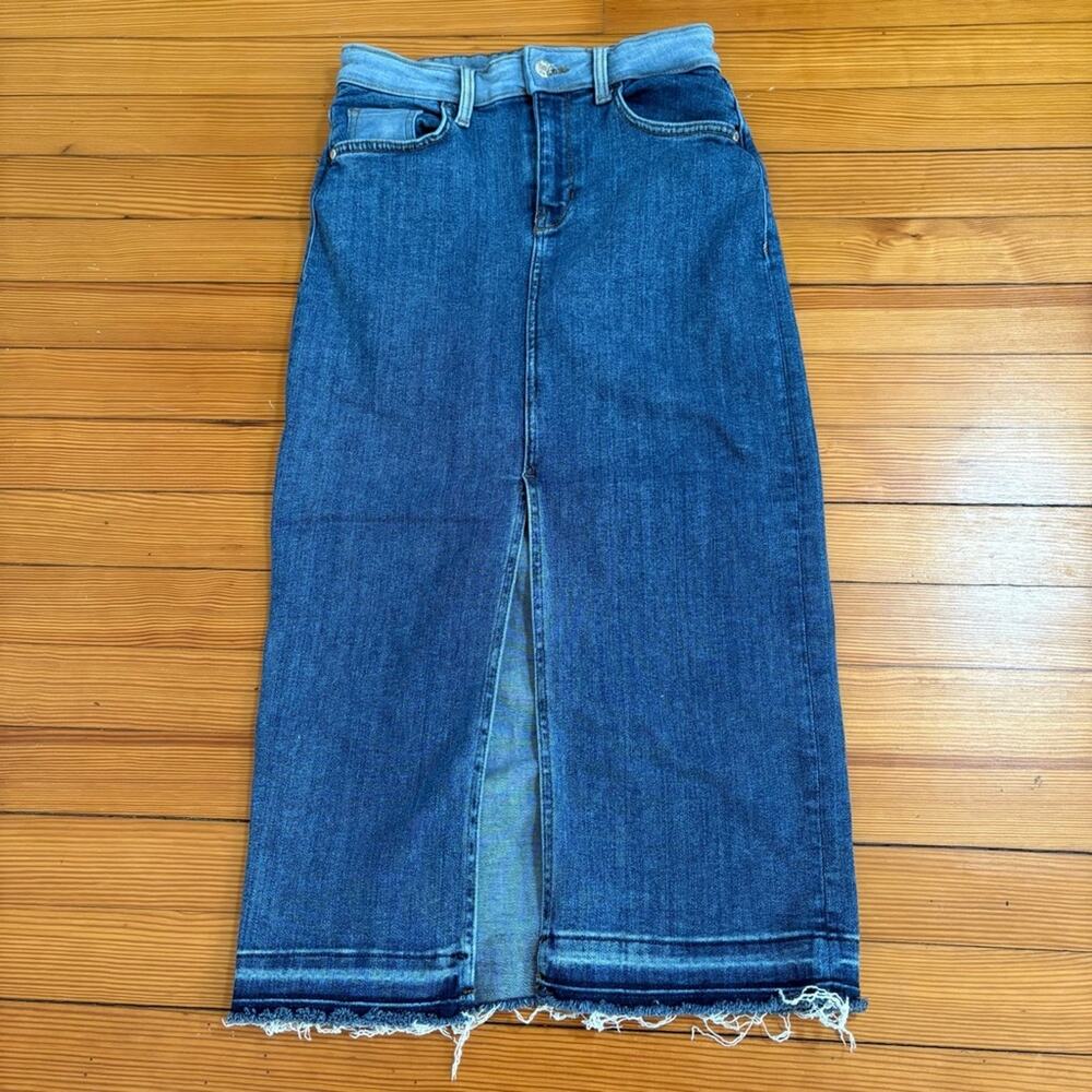 GUESS Colorblock Denim Midi Pencil Skirt Frayed Hem SZ 4 Y2K Minimalist